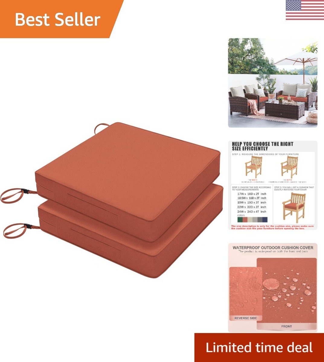 Patio Chair Cushion 22 x 22 x Inch Waterproof Outdoor Seat Cushions for 