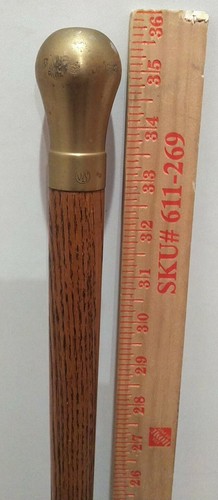 Antique Vintage WS Heavy SOLID BRASS top Handle CANE oak walking stick 35 3/4+" - Picture 2 of 12