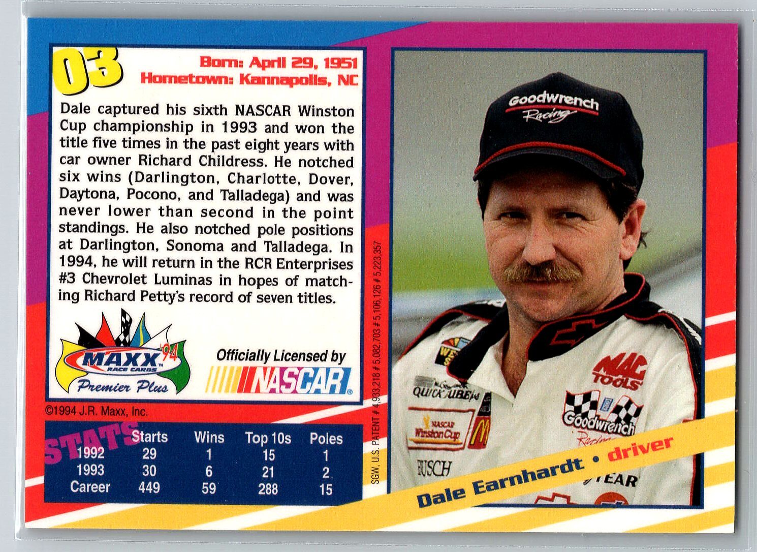 1994 MAXX Premier Plus Dale Earnhardt NASCAR 3 eBay