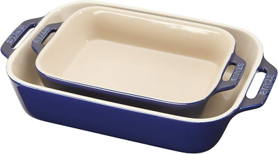 Dark Blue Ceramic 2-Piece Rectangular Baking Dish Set for Stylish Cooking