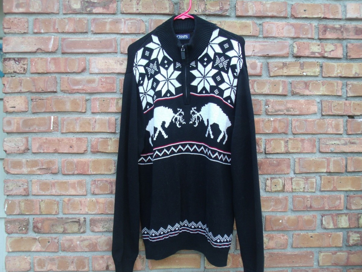 Chaps Nordic Black 1/4 zip Sweater Fighting Bucks Snowflake Mens