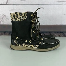 Sperry Boots Womens 7.5 Black Leather Leopard Lace High Ankle Hikerfish Outdoor