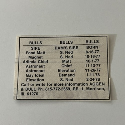 #ad #ad Aggen amp; Bull Bulls Sire Dam#x27;s Sire Born Morrison IL 1978 Clipping TAJ5 S4 $13.50