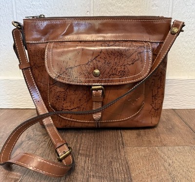 Patricia Nash Signature Map Print Leather Crossbody Messenger Bag Cognac Brown
