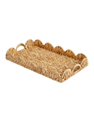 Rectangle Wicker Scalloped Tray, Rattan Serving Trays with Handles, Water Hya...