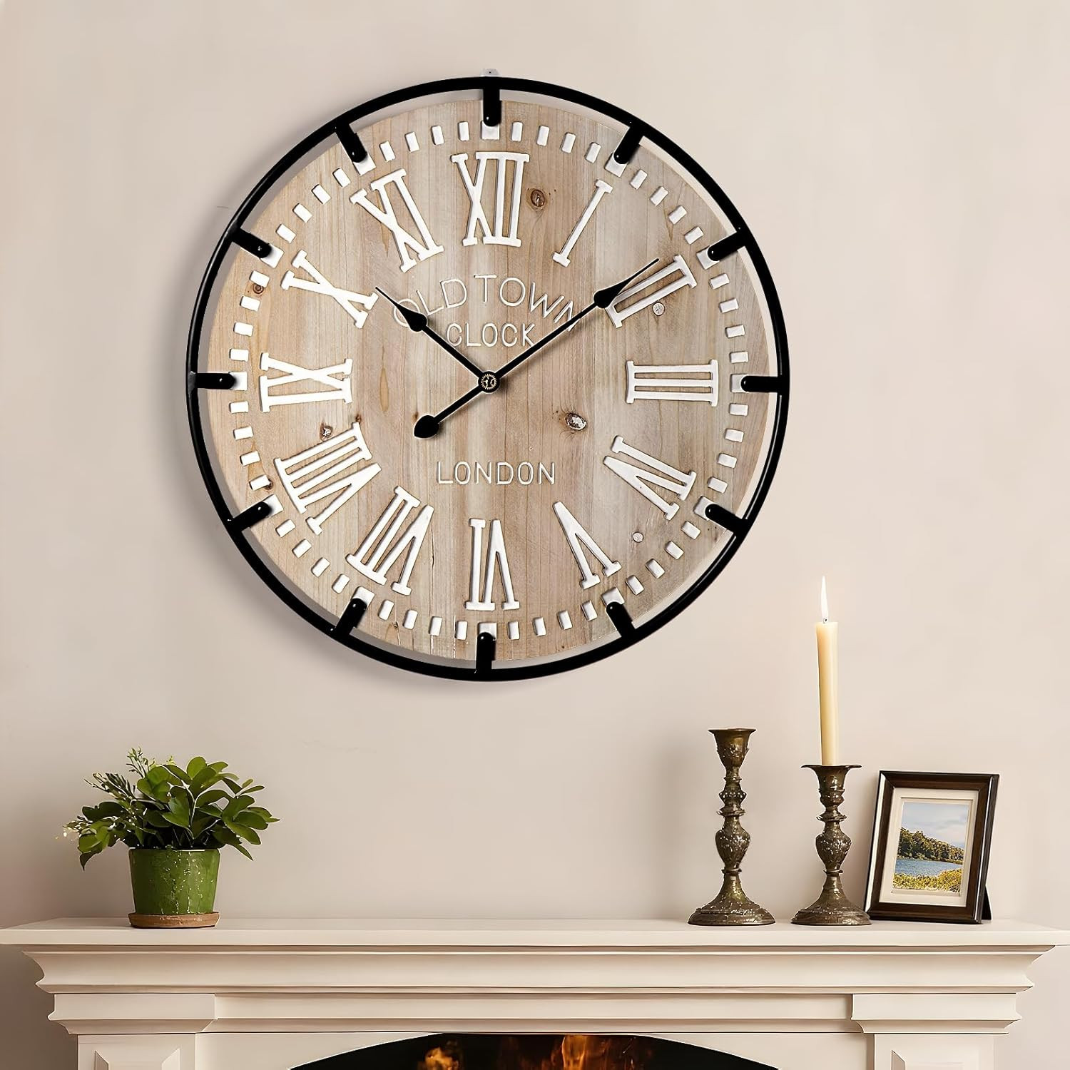 Extra Large Farmhouse Wall Clock - Oversized Metal & Wood, Silent, Battery Opera