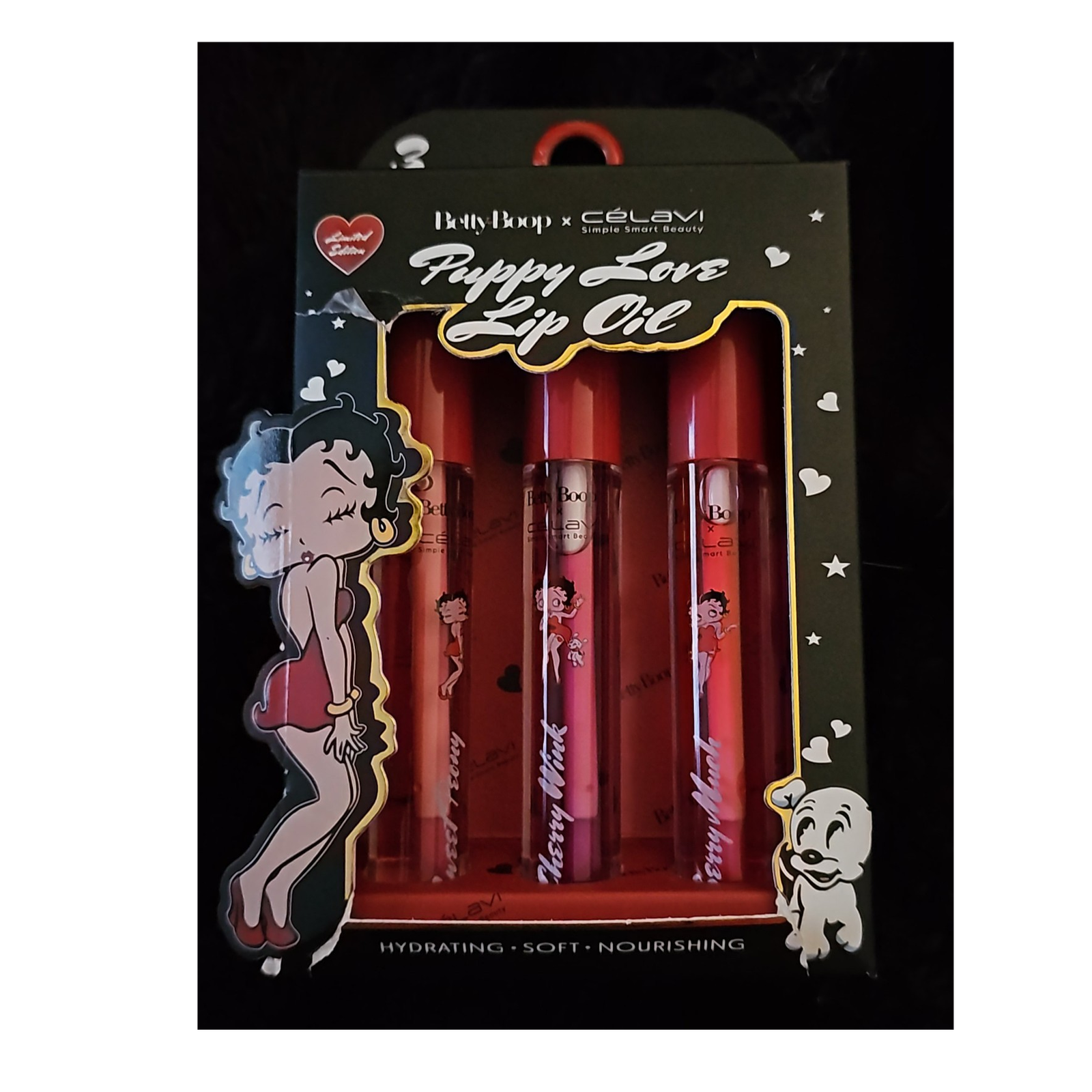 Celavi Betty Boop Puppy Love Lip Oil Set 4pc Hydrating 0.3 fl oz