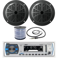 Pyle Single DIN Bluetooth Marine MP3 Receiver, 2x 6.5'' 120W Speakers W/Wire