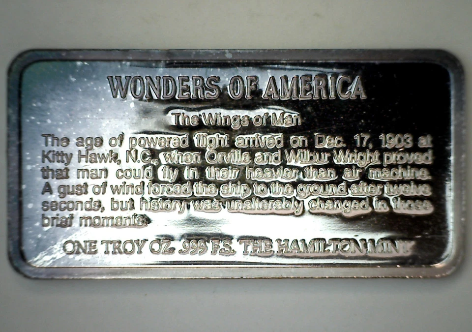 1973 Silver Bar Wright Bros Plane Wonders of America Series 1oz Hamilton Mint - Image 2 of 3