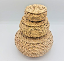3 Rattan Round Storage Baskets With Lids Stacking  Woven Wicker Keepsake Boxes