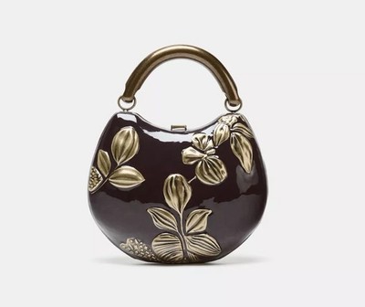 Zara Burgundy Floral Metal Box Purse   Small Gold Hardware