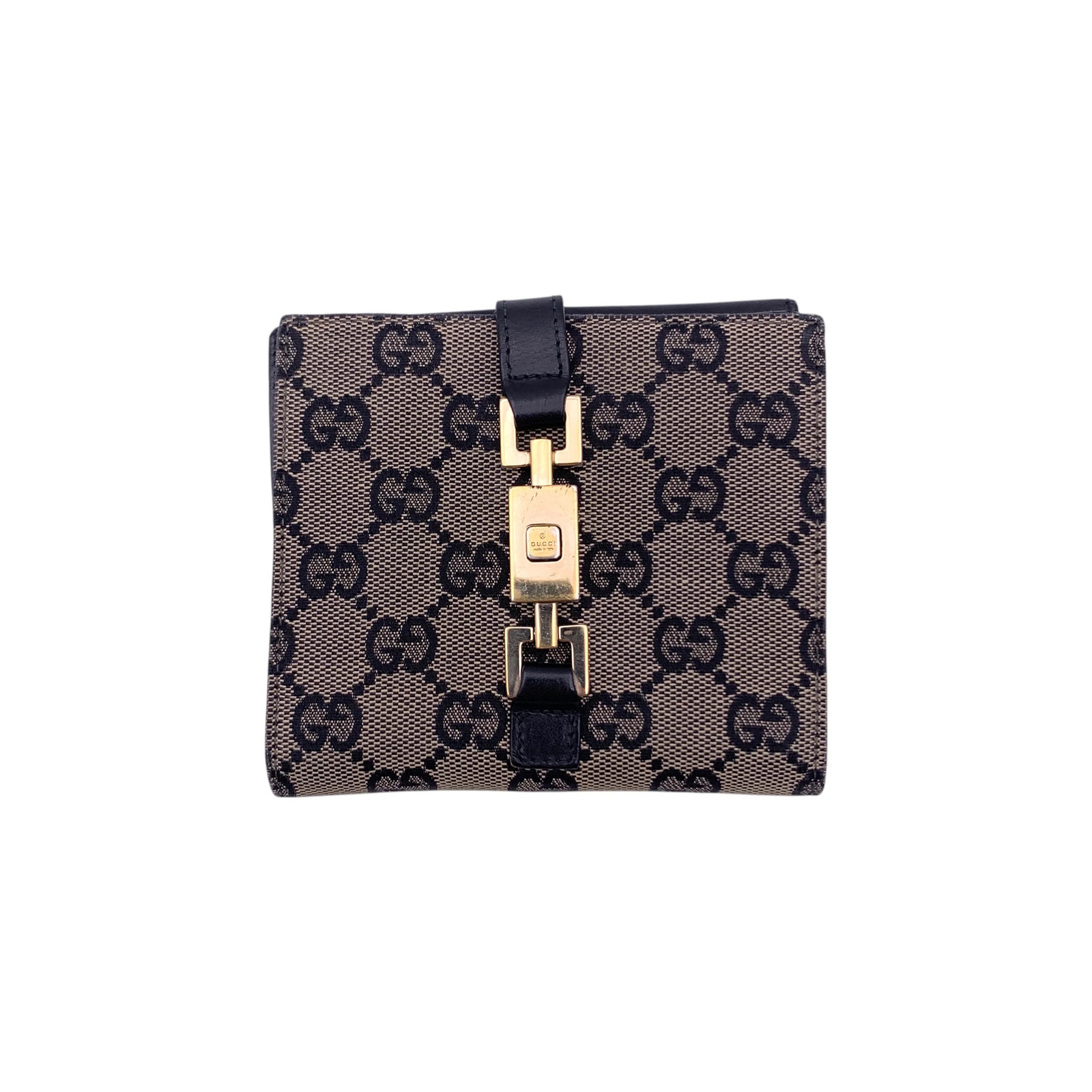 Autentico Portafoglio Gucci Vintage Jackie GG Tela e Pelle Nera Bifold
