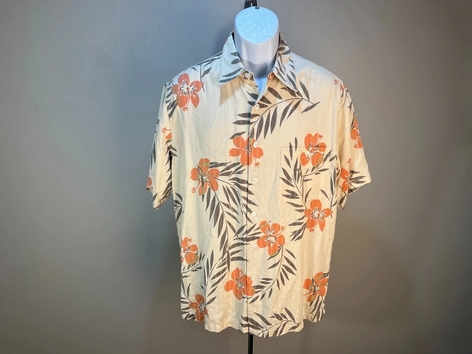 Camisa havaiana Tori Richard masculina bege, laranja e verde 100% seda média M em excelente estado usado - Imagem 2 de 4
