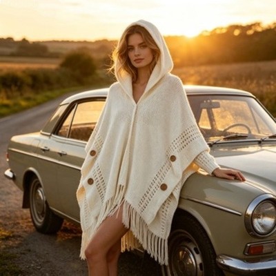 Ladies Bohemian Style Poncho Shawl Hooded Design Fringed Hem Loose Fit Cloak