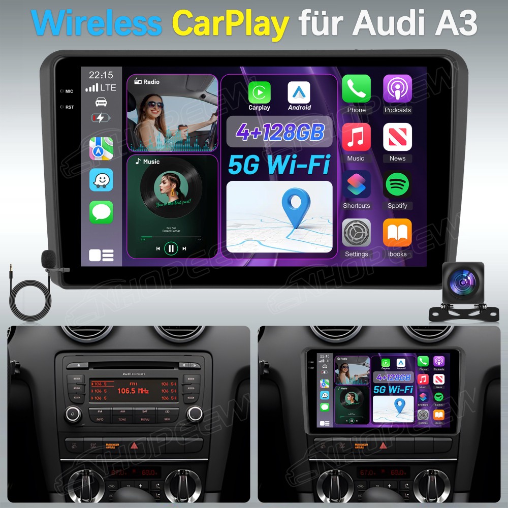 Autoradio 4+128GB Apple Carplay Android 15 Navi SWC GPS per AUDI A3 8P 2003-2013