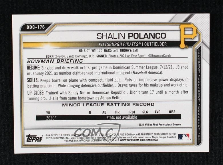 2021 Bowman Draft Chrome Orange Refractor /25 Shalin Polanco #BDC-176 - Image 2 of 2