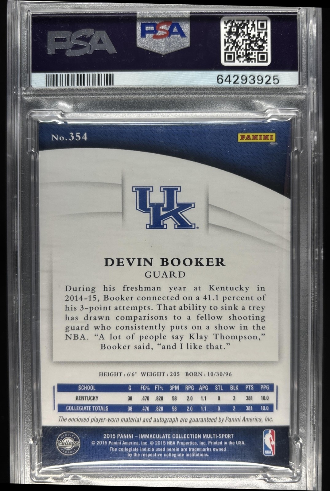 Devin Booker 2015 Panini Immaculate Collegiate Signature Patch Auto /25 PSA 8 view 2
