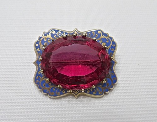 Spectacular C1880 9k Yellow Gold Enameled Brooch Giant Bohemian Glass "Stone"