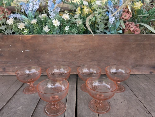 Vtg Anchor Hocking Pink Depression Glass Mayflower Rose Footed Dessert Cups (6)