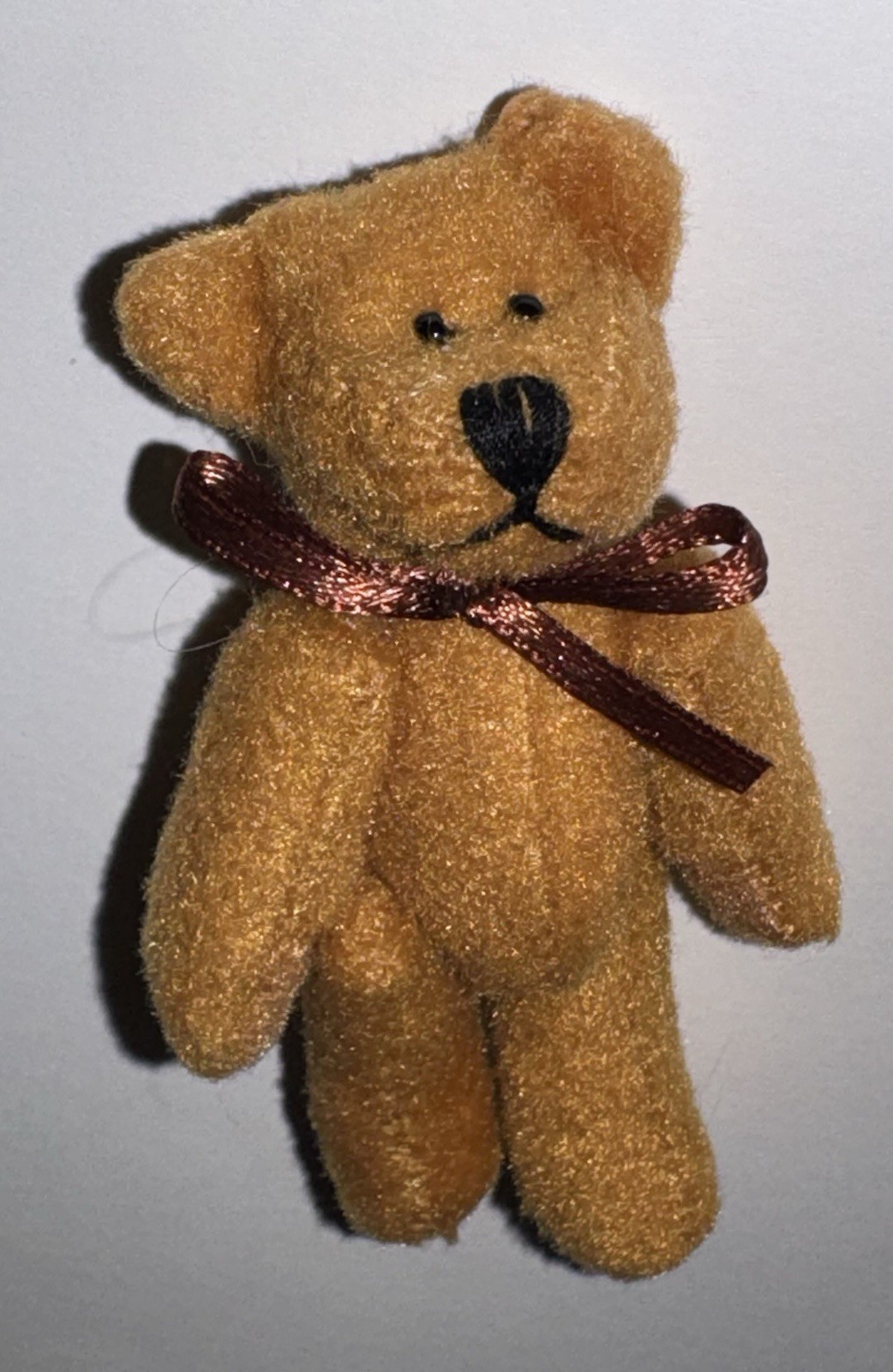 MINIATURE JOINTED PLUSH TEDDY BEAR 2” BROWN FUR BURGUNDY BOW