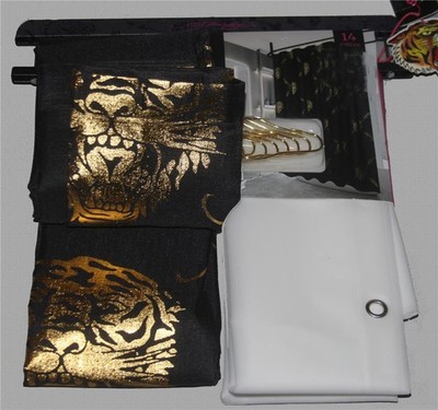 14-Pc Ed Hardy Gold Foil Tigers Shower Curtain, Gold Roller Ball Hooks, & Liner