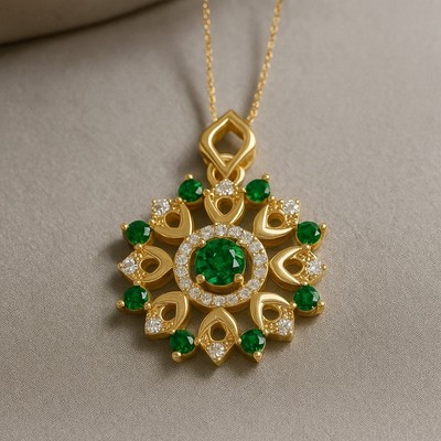 Lab Grown Emerald & Diamond Sunburst Pendant 14k Gold   May Birthstone # 1048
