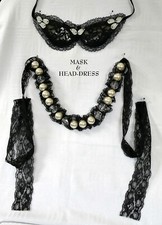 MASQUERADE EYE MASK Black lace & lace ribbon pearl headdress, Halloween, Drama
