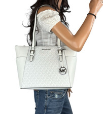 MICHAEL KORS CHARLOTTE TOP ZIP SHOULDER TOTE BAG HANDBAG MK OPTIC WHITE/GREY