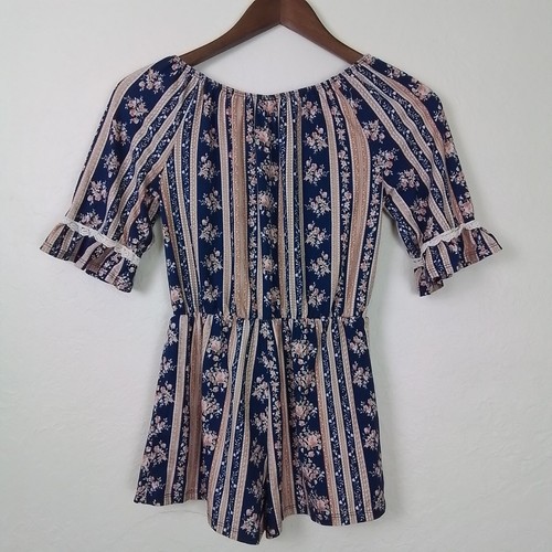 Heart & Arrow Girl Floral Stripe Romper Size M (10) Blue Pink Boho Ruffle Sleeve - Picture 10 of 10