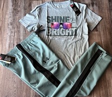 NWT Under Armour Boys YLG Gray/Khaki Green/Black SHINE BRIGHT Wind Pants Set
