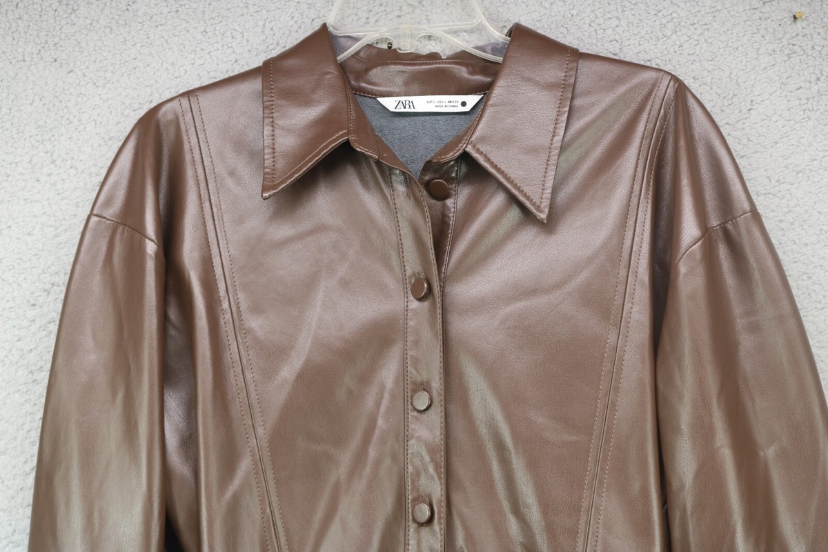 Zara Chocolate Brown Short Faux Leather Shirt Dress-Size Large | eBay