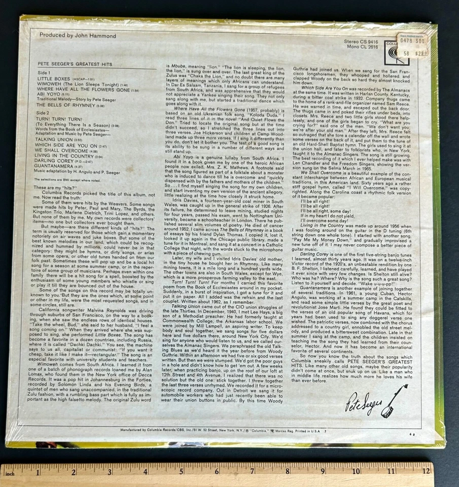 RARE Vintage 1967 Sealed Pete Seeger Greatest Hits Columbia CS 9416 Folk Music Foto 4 de 4