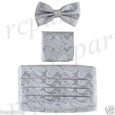 New In Box Brand Q Paisley Cummerbund Bowtie Hankie Set Wedding Prom Silver
