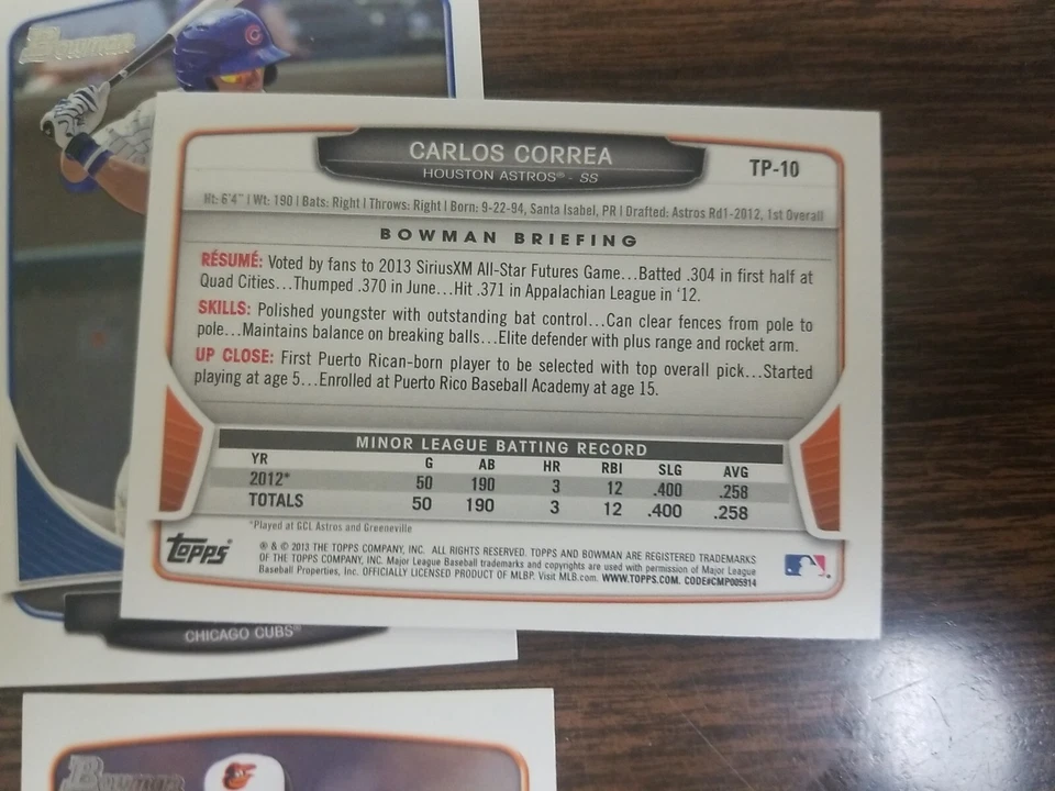 Tarjeta Bowman Draft 2013 TP1-45 Springer, Correa, Gausman (juego de 45 cartas prospectos) Foto 2 de 3