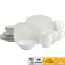 16 Piece Porcelain Dinnerware Set Modern Glossy White Plates Bowls Cups New