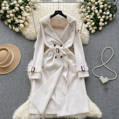 Womens Elegant Double Breasted Blazer Suit Lapel Collar Belt Trench Outwear Coat - Picture 1 of 23
