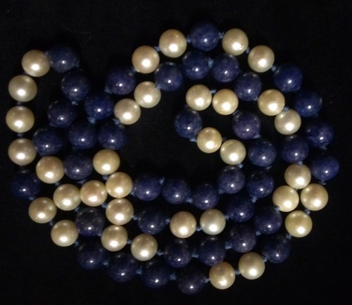 Cultured Pearls-fine luster, 8.5mm & Lapis Lazuli Bead Necklace-31" hand-knotted - Picture 3 of 5