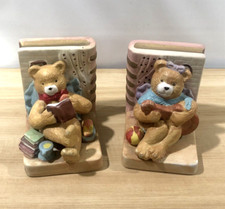 Ceramic Boy Girl Teddy Bear Bookends Baby Kids Room Farmhouse FLAWED READ