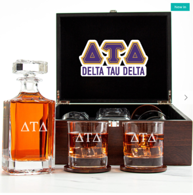 #ad Delta Tau Delta Fraternity Decanter and 2 Glasses In Wood Box Set $175.99