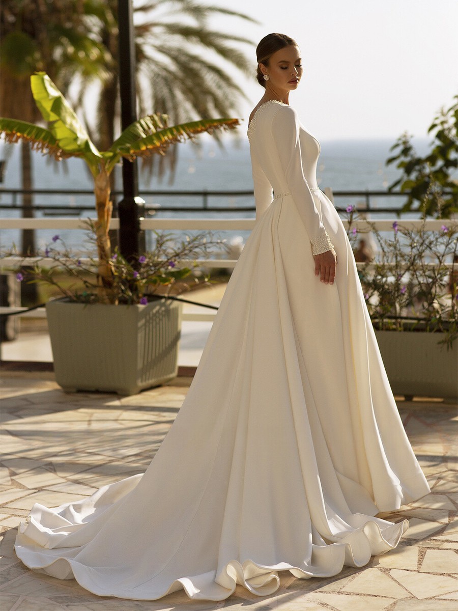 A Line Wedding Dresses Long Sleeves Pearls Sweep Train Bridal Gowns with  Pockets | eBay