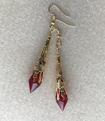 Art Deco Dark Red Faceted Teardrop Gold Filigree Drop Earrings in Gift Bag