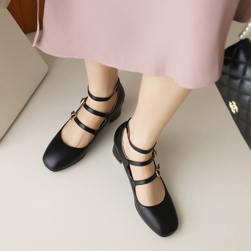 Women's Mid Block Heel Shoes Black/White Faux Leather Square Toe Mary Jane Pumps - Picture 29 of 39