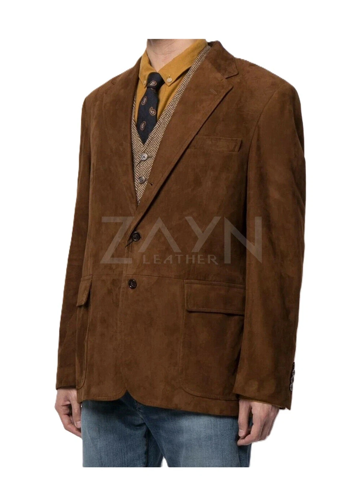 Men’s Real Suede Leather Brown Blazer Tailored Fit Jacket 2 Button Classic Coat
