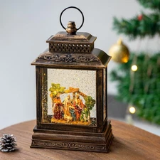 Christmas Snow Globe Lantern Water Nativity Scene & Manger Scene with Music &...