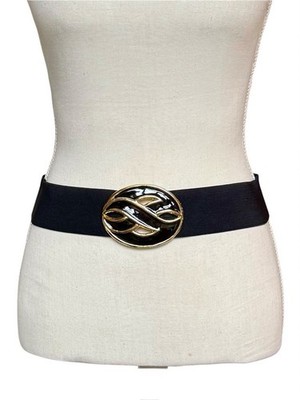 Vintage Day Lor Retro 80s Stretch Elastic Black Gold Belt Enamel Swirl Buckle M