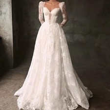 A-line Lace Wedding Dresses Sweetheart Full Sleeves Beach Long Bridal Gowns