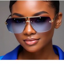 Oversized Shield Sunglasses Gradient Blue Lens Gold Frame Rimless Women Gafas