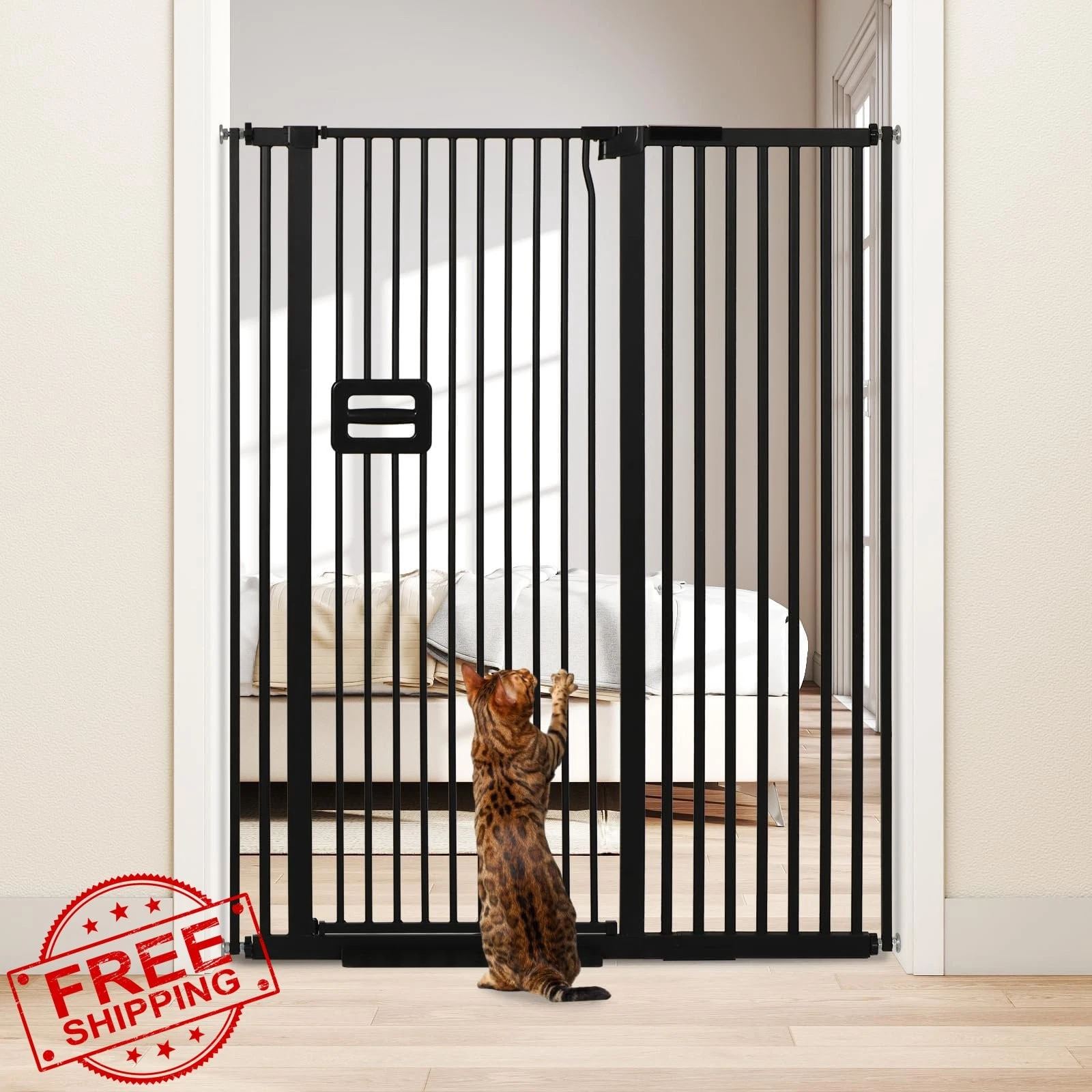 SMONTER 55" Extra Tall Baby Gate Black Auto Close Pressure Mounted