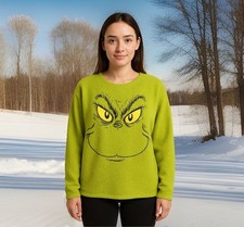 The Grinch Dr Suess Green Fleece Sweatshirt Size Medium Green Fuzzy Cozy Sweater