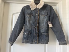 NEW Arizona Jean Co. Girl's Dark Wash Denim Jacket with Faux Fur Collar-size 14